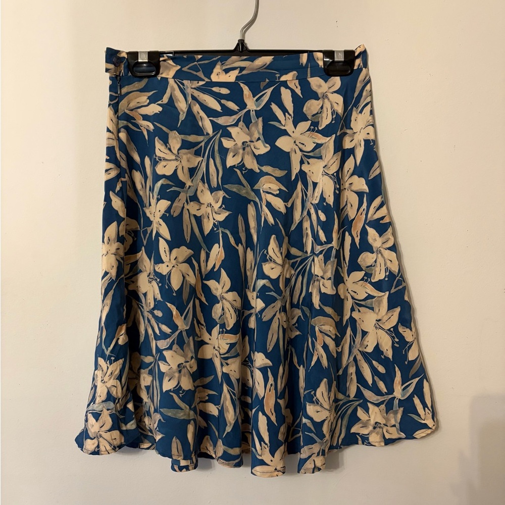 Vintage Blue Silk Floral A-Line Skirt